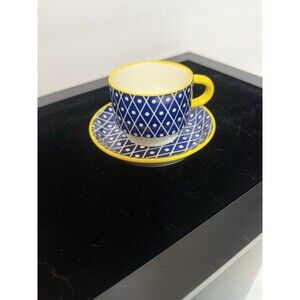 Selamica Bright Blue & White Pattern Porcelain Cup Saucer Dessert Plate